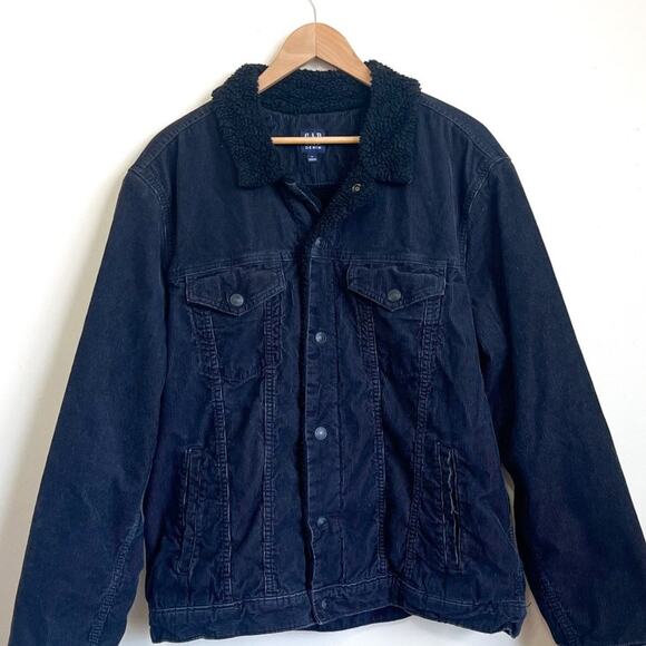 GAP Corduroy Sherpa Lined Mens Trucker Jacket Size XL Black Snap Farm Ranch - Picture 1 of 10